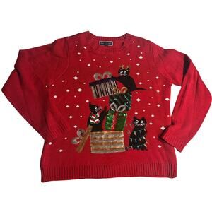 The Karen Scott black cat Christmas Tree Red Sweater 2x crew neck long sleeves